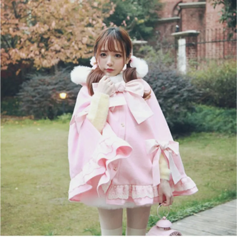 Autumn winter sweet lolita cloak vintage lace bowknot hooded thicken warm loose kawaii coat kawaii girl gothic lolita loli cos