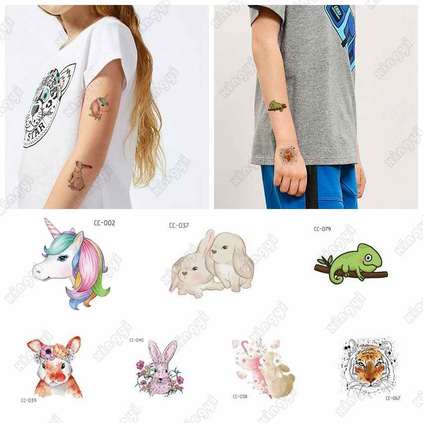 Cute Rabbit Waterproof Temporary Tattoo Sticker Turtle Tiger Cartoon Animal Children Arm Wrist Water Transfer FakeTatto Body Art