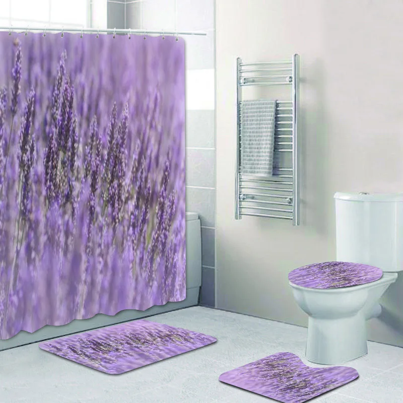 Elegant Violet Lavender Flowers Shower Curtain Set Chic Pastel French Lavender Floral Bathroom Curtain for Toilet Mat Rug Decor