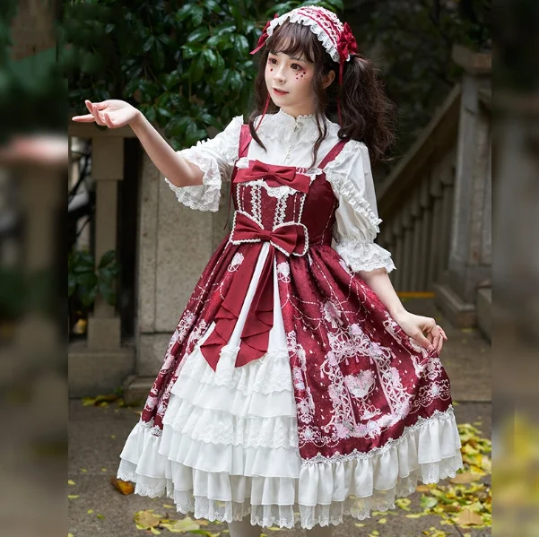 Vintage elegante süße lolita kleid spitze bowknot hohe taille druck strickjacke viktorianischen kleid kawaii mädchen gothic lolita jsk loli