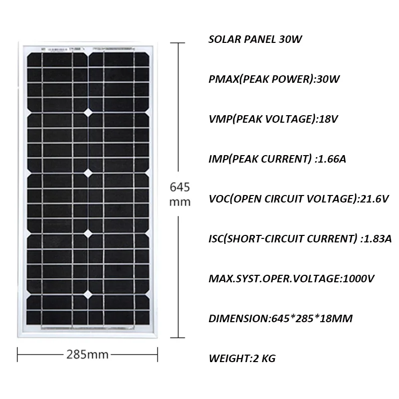 Solar Panel 30W 60W 90W 300W 12v 24V 36V  110v 220V Solar Battery Phone Charger Rv Boat Caravan Car Camping Motorhomes Light