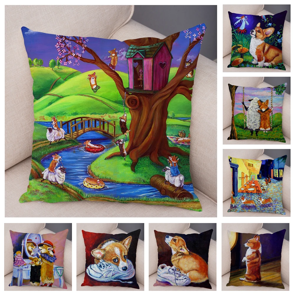 

Oli Soft Plush Welsh Corgi Pembroke Cushion Cover for Sofa Children Room Decor Cartoon Dog Pillowcase Oil Painting Pillow Case