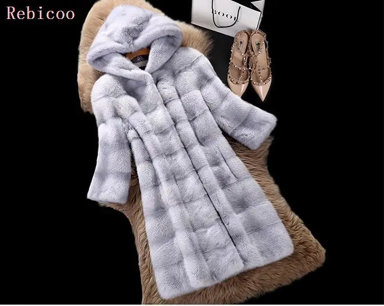 Fashion fake fur coat women full sleeve wave cut genuine rabbit fur warm winter coats and jackets with a hood