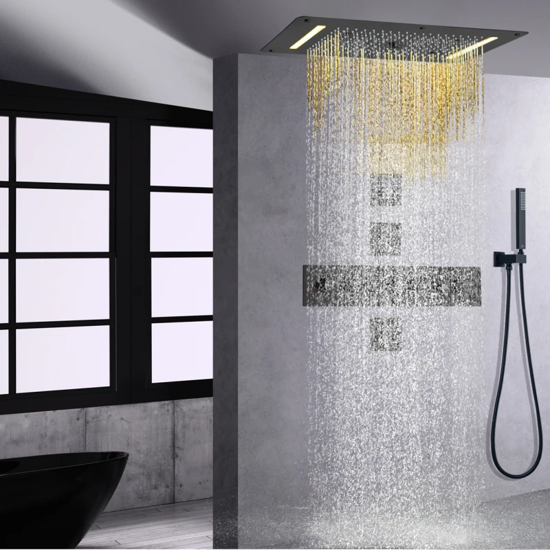 Matte Black Thermostatic  Shower  Mixer Set  700X380 MM LED Bathroom Waterfall Atomizing  Shower