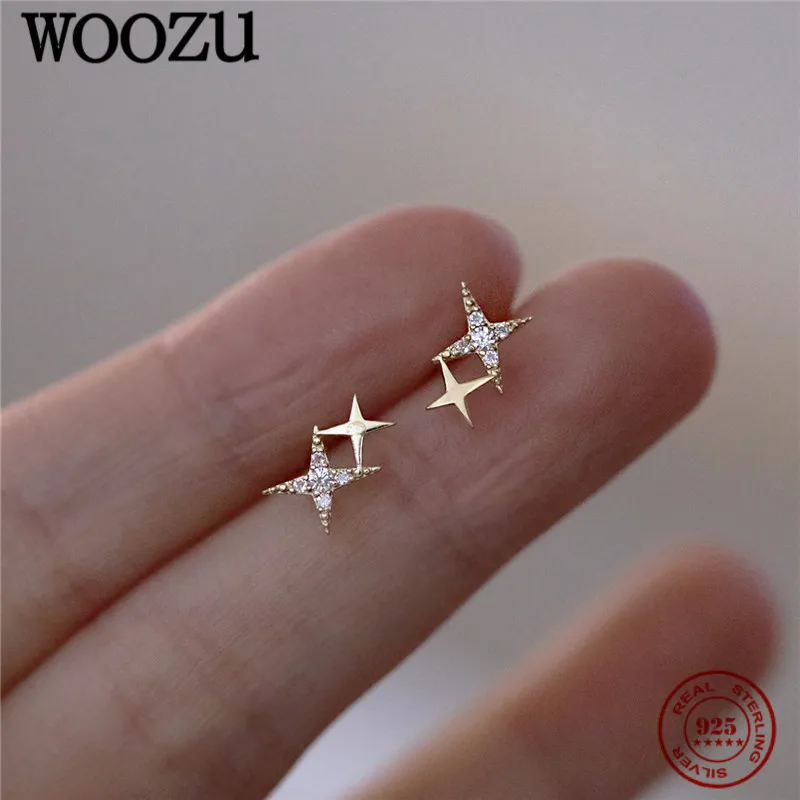 WOOZU 925 Sterling Silver Romantic Cute Four-Pointed Star Stud Earrings For Women European Fashion 14k Gold Plated Jewelry Gift