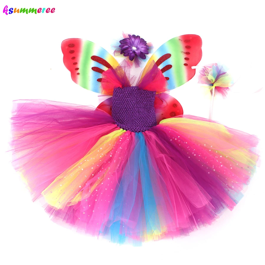 Girls Glitter Tutu Dress with Butterfly Wings & Fairy Wand Kids Rainbow Fairy Party Cosplay Costume Girls Rainbow Tulle Dress image 6