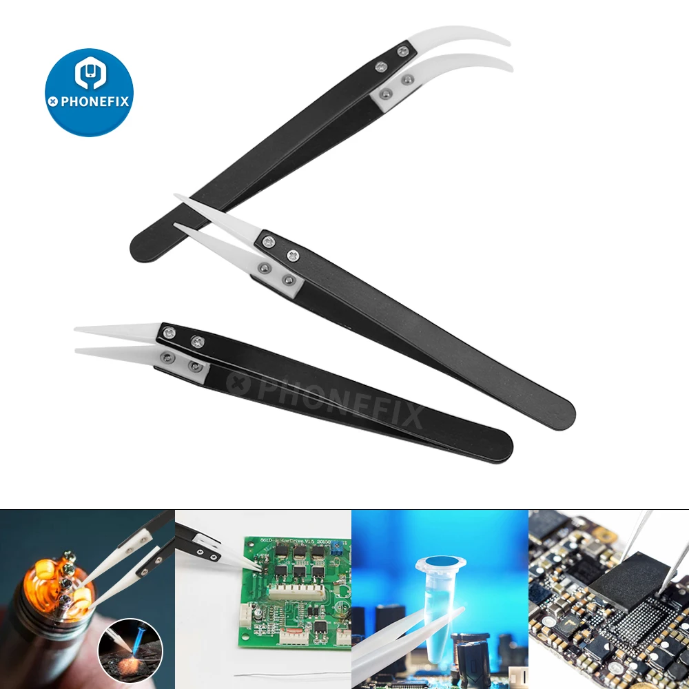 Anti-Static Ceramic Tweezers Electronic Cigarette Industrial Tweezers Insulated Straight Curved Tip for BGA SMD PCB IC Repair
