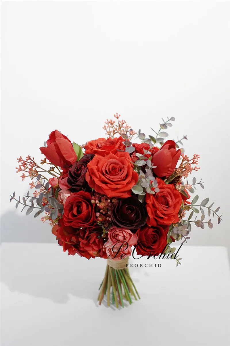 PEORCHID-Bouquet de Patients Rouges, Fleurs Artificielles pour Mariage, Accessoires Vintage, Nouvelle Collection 2021