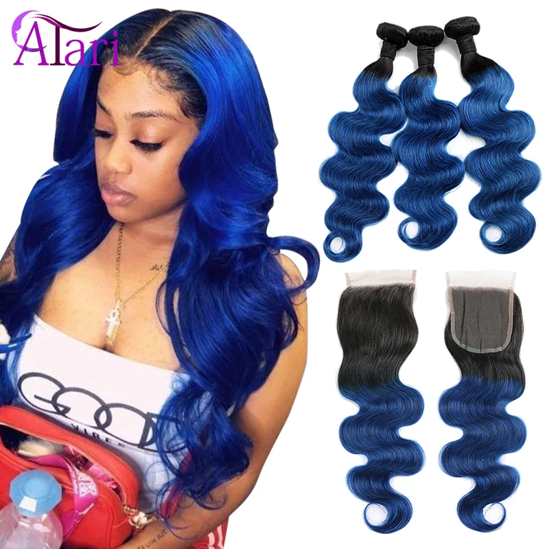 Body Wave Bundles With Closure Brazilian Hair Weave Bundles With Closure 1B/Blue 100% Virgin Human Hair Bundles With Closure