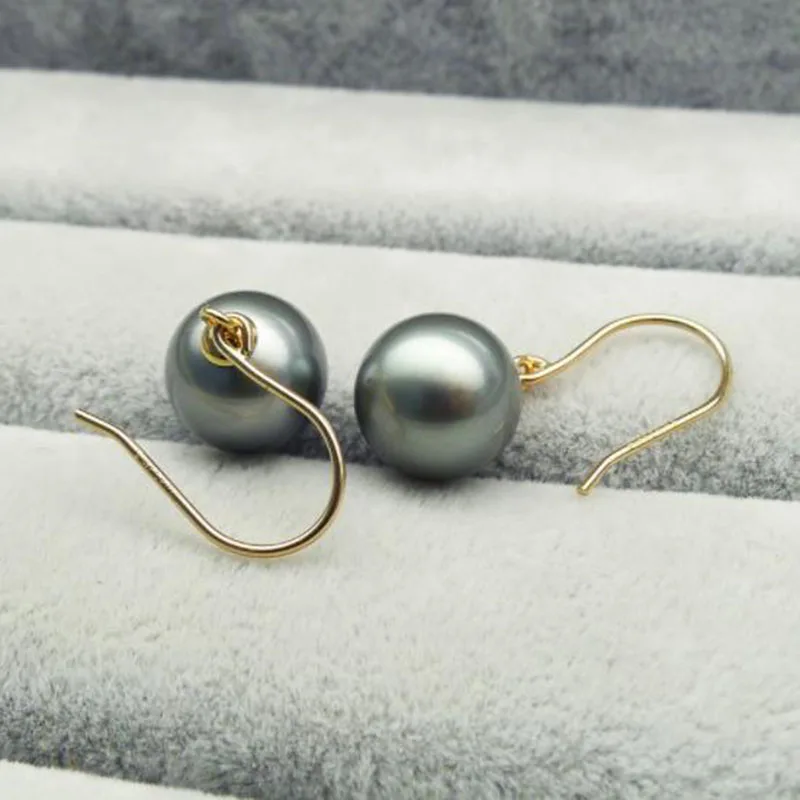 Free Shipping 10-11MM Natural Color Real Tahitian Pearl Drop Earrings Dangle 14K Yellow Gold