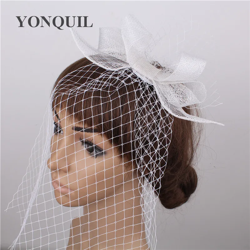 Birdcage Schleier Braut Solide Bogen Fascinator Hüte Silber Sinamay Vintage Haar Zubehör Stirnband Für Frauen Hochzeit Rennen SYF143