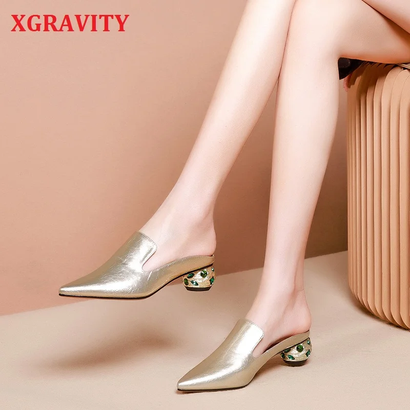 

XGRAVITY Gold Pointed Toe Lady Slides Fashion Strange Ball Heel Abnormal Sexy Slippers Genuine Leather Female Sandals Girl B083