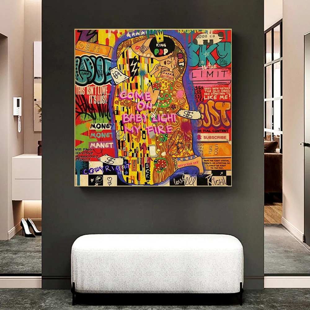 

Graffiti Street Wall Art Lovers Kiss Posters and Prints Pop Art Pictures Mural Colorful Canvas Paintings On Wall For Home Decor