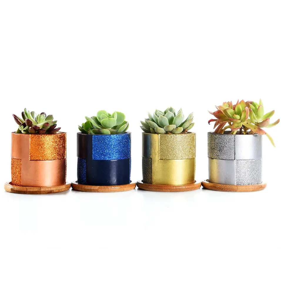 Glitter Surface Succulent Planters Cement Pots with Bamboo Tray Grey, Small Concrete Cactus Vases Plants Pot 3.14Inch 4 In set