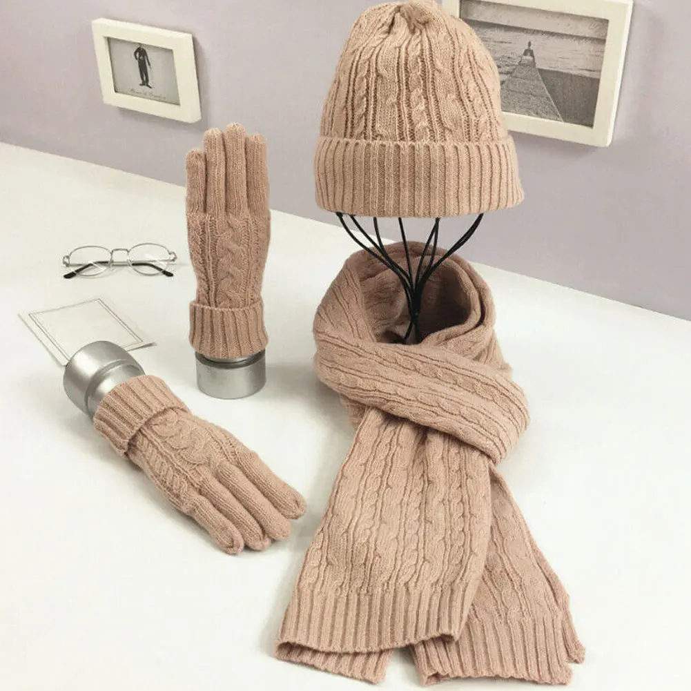 Mode Dames Nieuwe Herfst Winter Warm Effen Kleur Sjaal Hoed Handschoen Sets Vrouwen Dikke Gebreide Zachte Gebreide Wollen Set