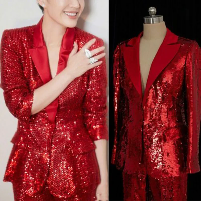 Red Carpet Fashion Women Suit Sets Custom Made Sequins Tuxedos Evening Party Slim Blazer Formal Wear For Wedding (Jacket+Pants)