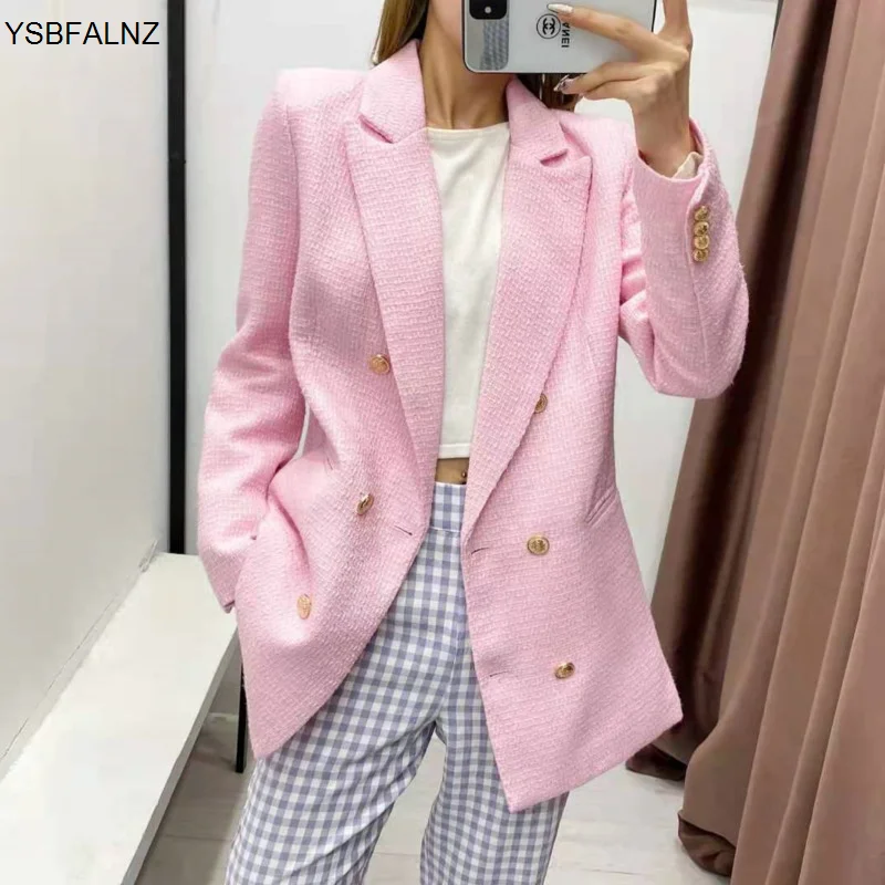 New Women 2023 Blazer Coat Fashion Double Breasted Pink Tweed Vintage Long Sleeve Jacket Female Outerwear Chic Veste Femme