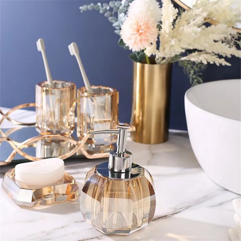 

Bathroom Accessories Set Soap Dispenser & Dish Crystal Glass Gargle Cup Cotton Swab Box Tray Wedding Gifts Birthady Presents