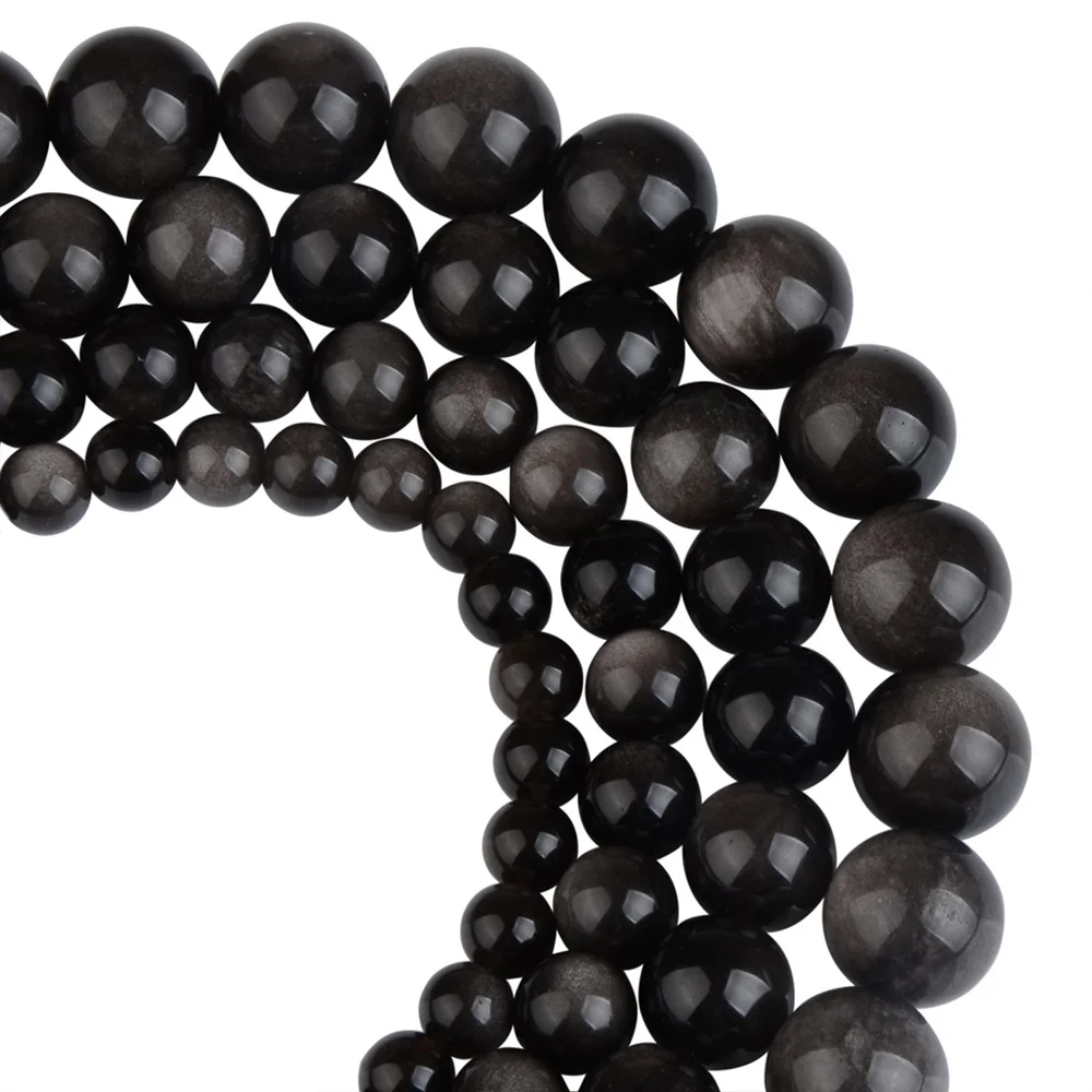 Natural Silver Color Obsidian Stone Round Beads 6 8 10 12mm Strand For Jewelry Making Spacer Loose Beads DIY Bracelet Necklace