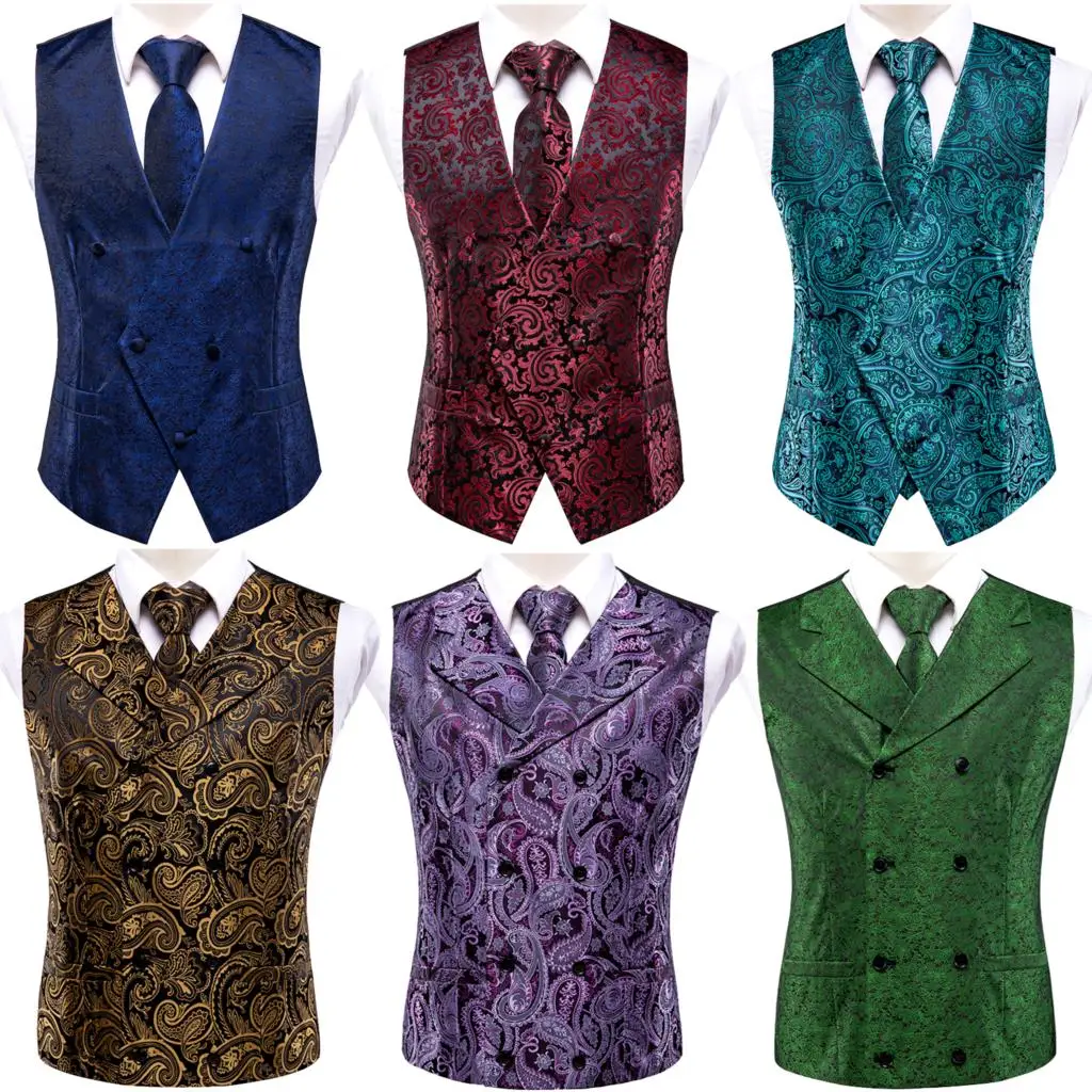 Slim 4PC Vest Necktie Pocket Square Cufflinks Silk Men\'s Waistcoat Neck Tie Set for Suit Dress Wedding Paisley Floral Vests Gift