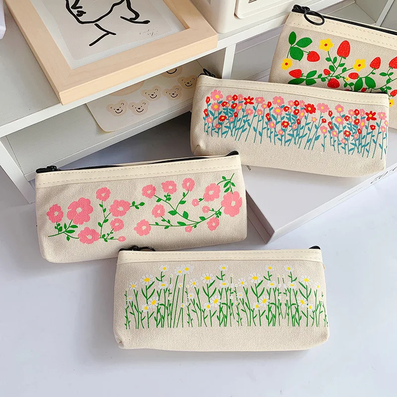 Retro flower daisy pencil Case Canvas Pencilcase Student Pen Holder Supplies Pencil Bag School Box Pouch Stationery