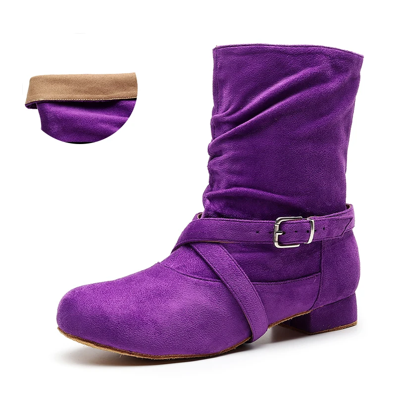 

Women purple Flannel High Top Latin Dance boots Girls Soft sole Ballroom Salsa Dance shoes Ladies flat heel dancing shoe