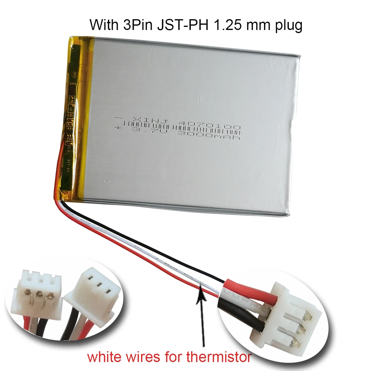 3.7V 3000mAh 11.1Wh Akumulator 3-przewodowy z termistorem litowym 4070100   Złącze JST 3pin 1.0 1,25 mm do tabletu GPS