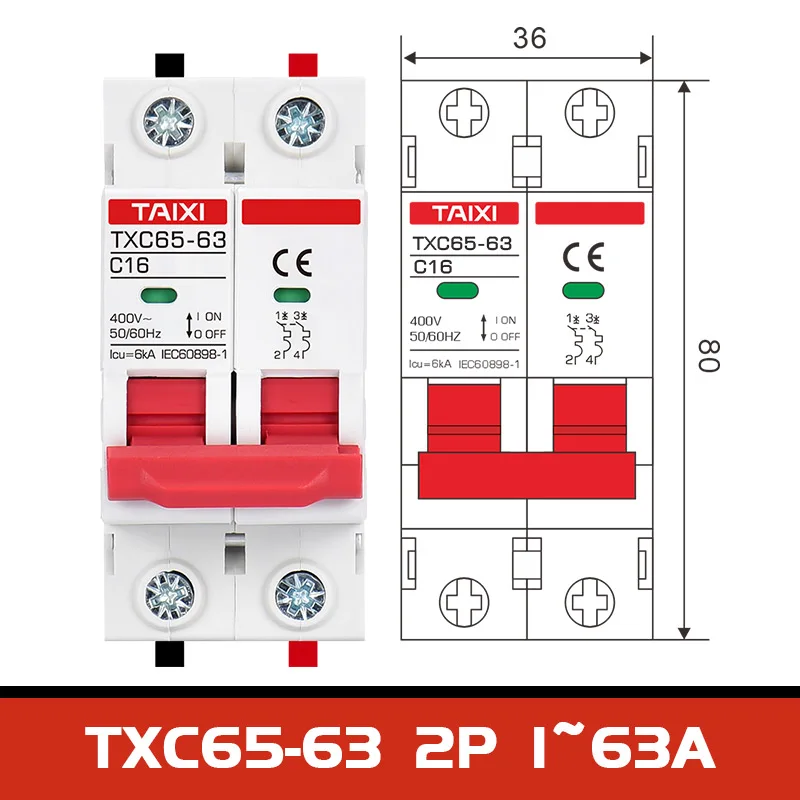 6KA MCB C65N-63 Miniature Circuit Breakers with Indication AC 400V 1P 2Pole 3P 4P 6000A Breaking 30A 60A