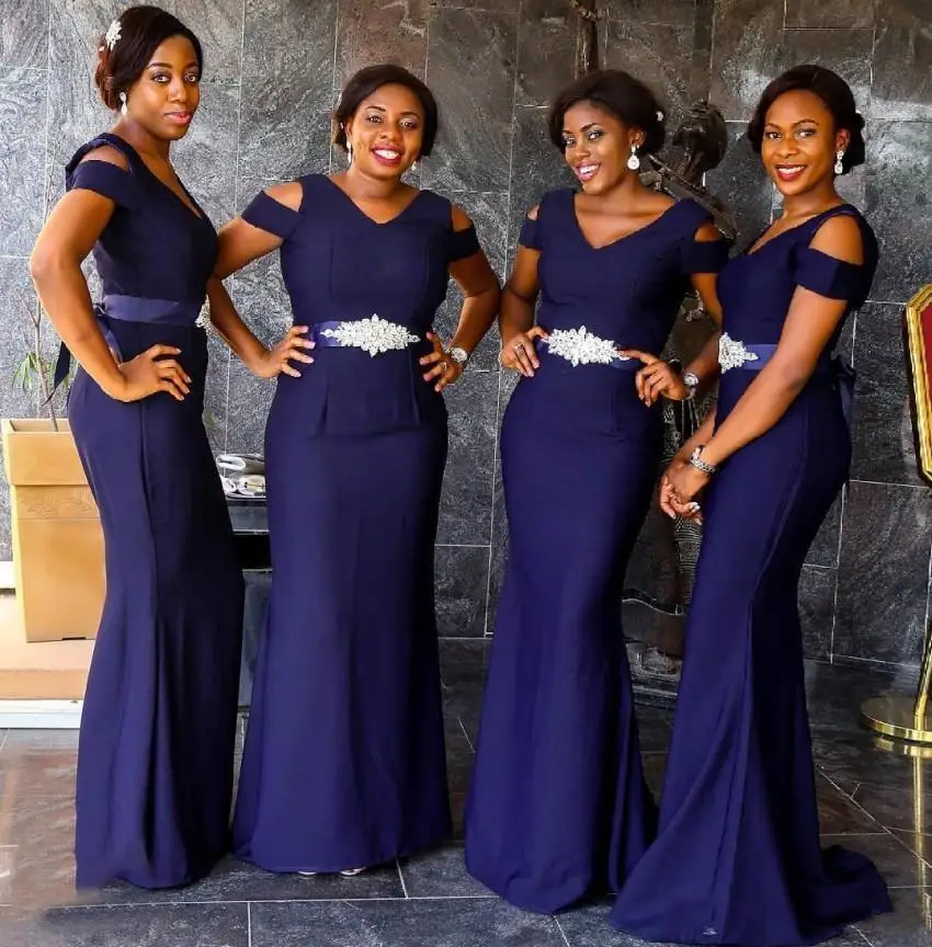 Customized 2025 South African Navy Blue V Neck Cap Sleeves Bridesmaid Dresses Mermaid Long Weddings Belt Beads Maid Honor Gowns