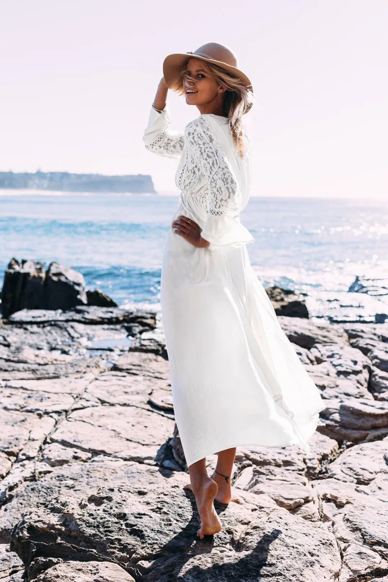 TEELYNN long sleeve beach cover dresses vintage lace white summer dress sexy deep v neck long women dress boho Bohemia vestidos