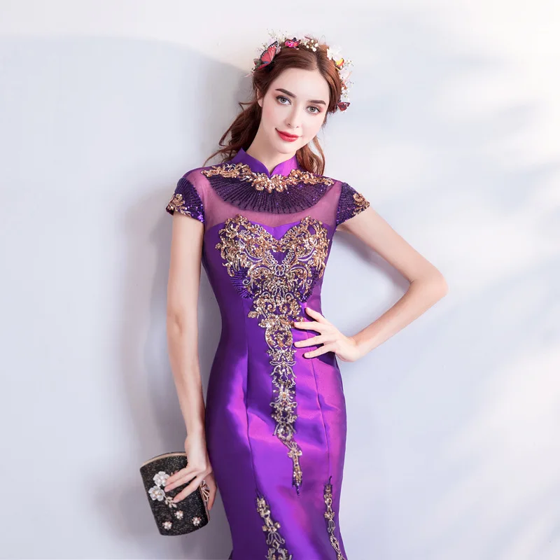 Vestido de fiesta de sirena de lentejuelas doradas y púrpuras, disfraz de Cheongsam violeta, vestidos largos de noche con espalda hueca, vestidos de fiesta de noche