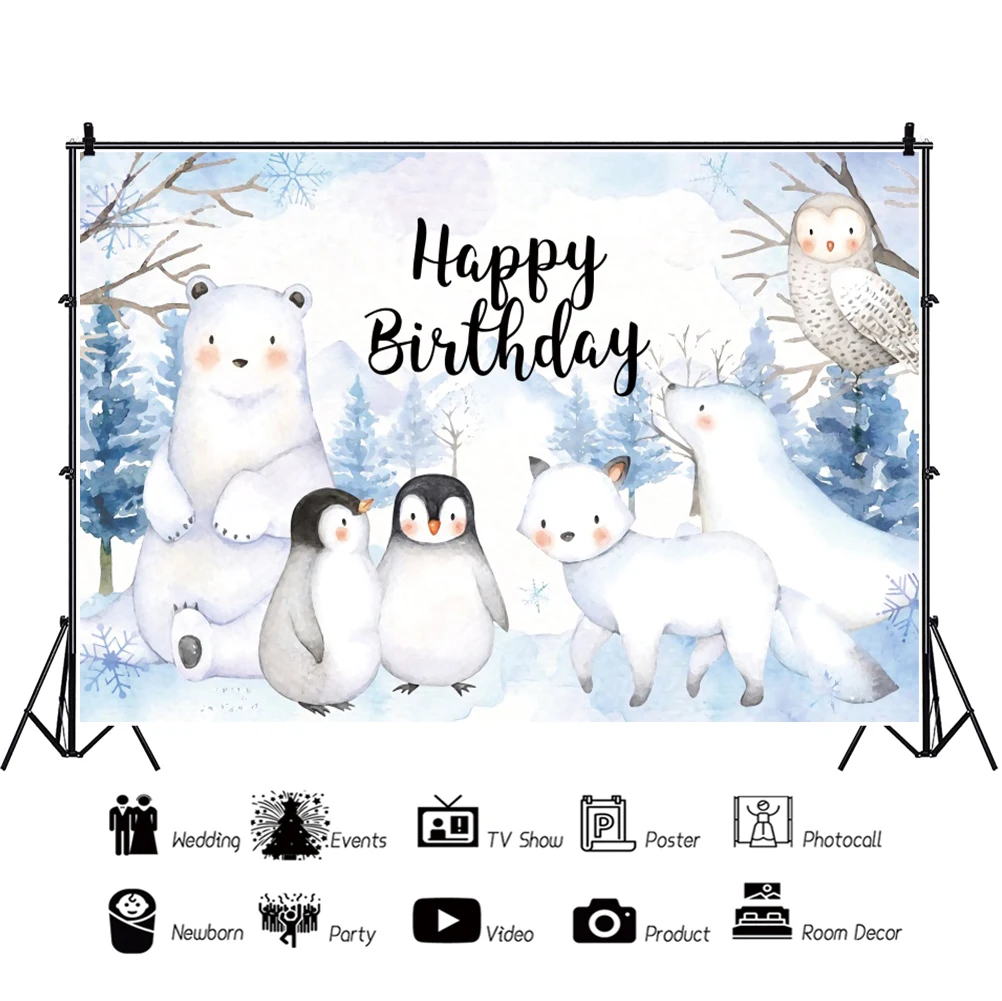 Laeacco Winter Arctic Animals Baby Shower Background Snowflakes Polar Bear Penguin Kids Portrait Customized Photography Backdrop