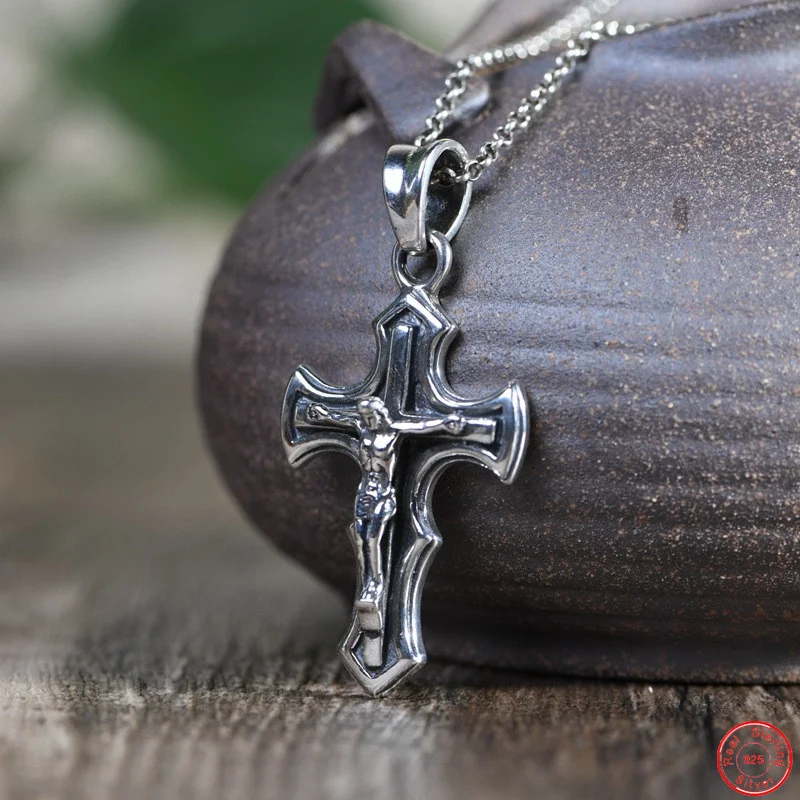 

S925 Sterling Silver Charm Pendants 2021 Fashion Jesus Crucifixion Cross Hanging Drop Pure Argentum Amulet Jewelry for Men Women