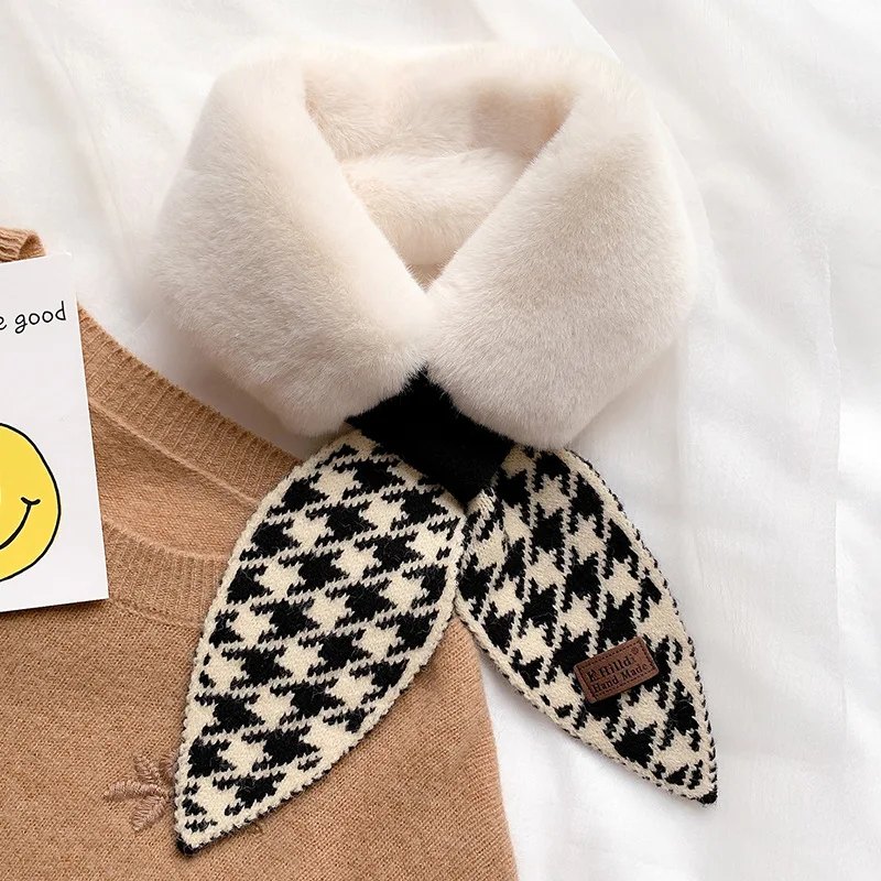 2020 Winter Scarf for Women Wool and Rabit Fur Bandana Knitted Plaid Pied De Poule Warm Collar Luxury Female Neck Wraps