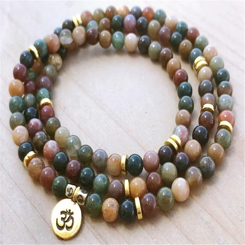 

6mm Natural Indian Agate 108 Beads Pendant Bracelet Stress Handcrafted Healing Handmade Lucky Yoga Wrist Prayer