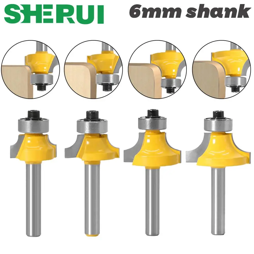 Broca de enrutador de esquina redonda con rodamiento, cortador de fresado para madera, carburo de tungsteno, vástago de 6mm, 1 piezas
