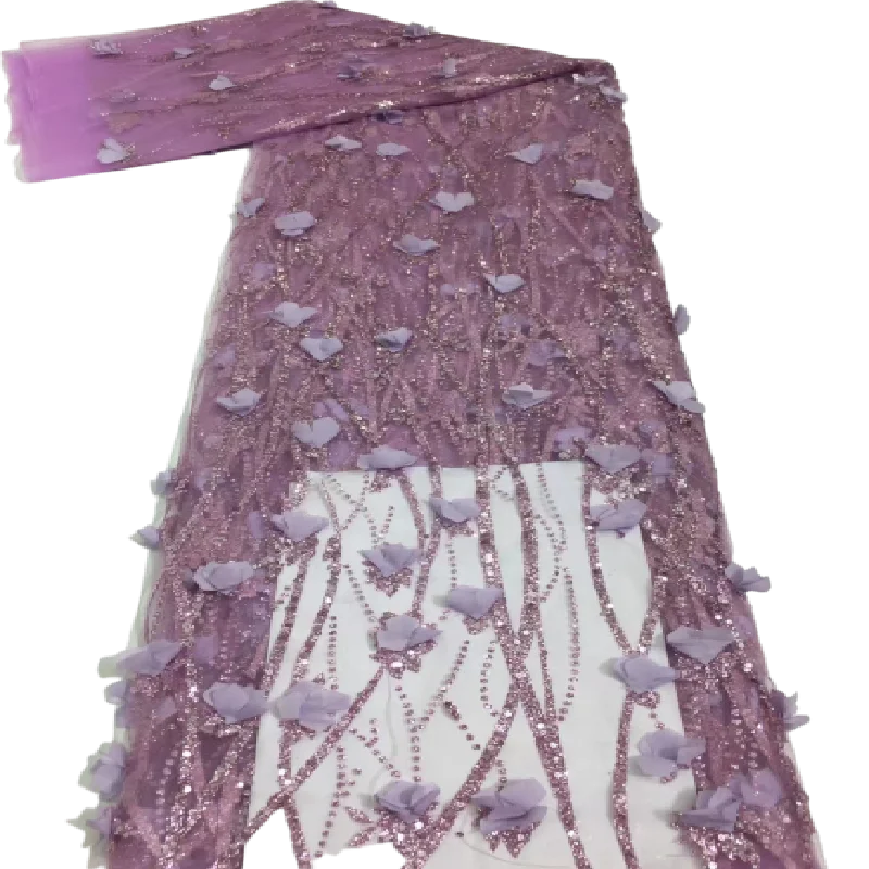 

3D Purple Sequins Lace African Lace Fabric 2021 High Quality Lace with Sequins,Latest Net Nigerian Lace Fabric for party