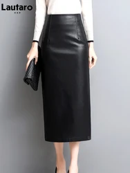 Lautaro Spring Autumn Long Black Faux Leather Pencil Midi Skirt Women with Side Slit Zipper High Waist Luxury Elegant Buttoms