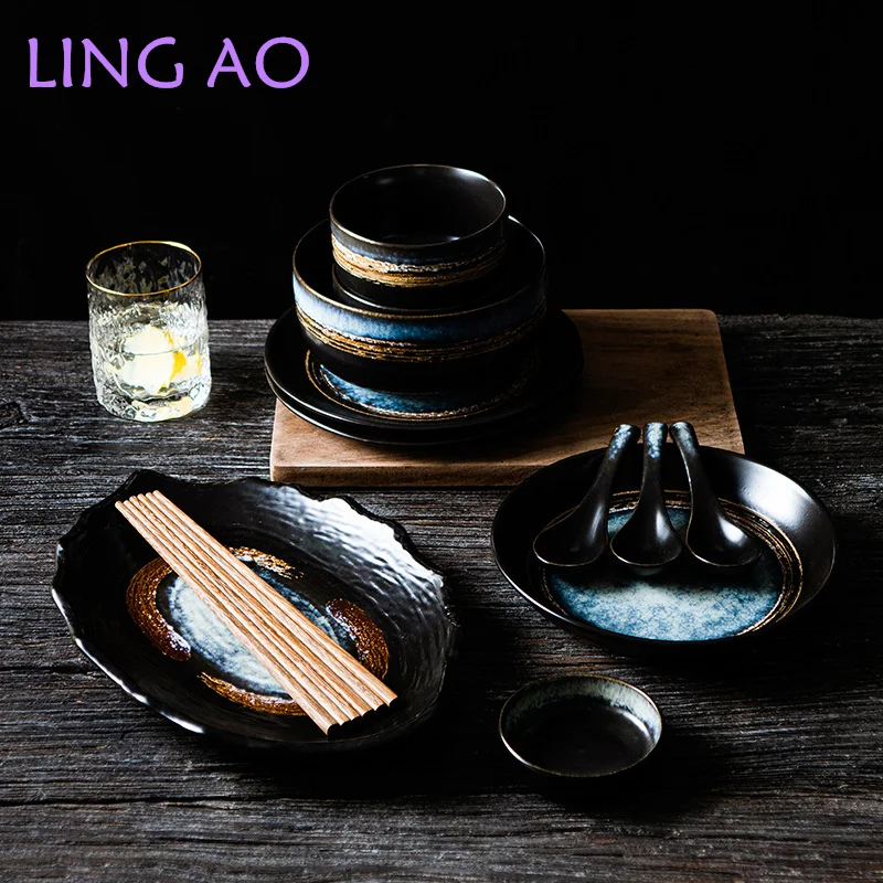 LingAo Japanese Retro Creative Tableware Bowl, Deep Plate, Salad Plate, Dessert Plate Set