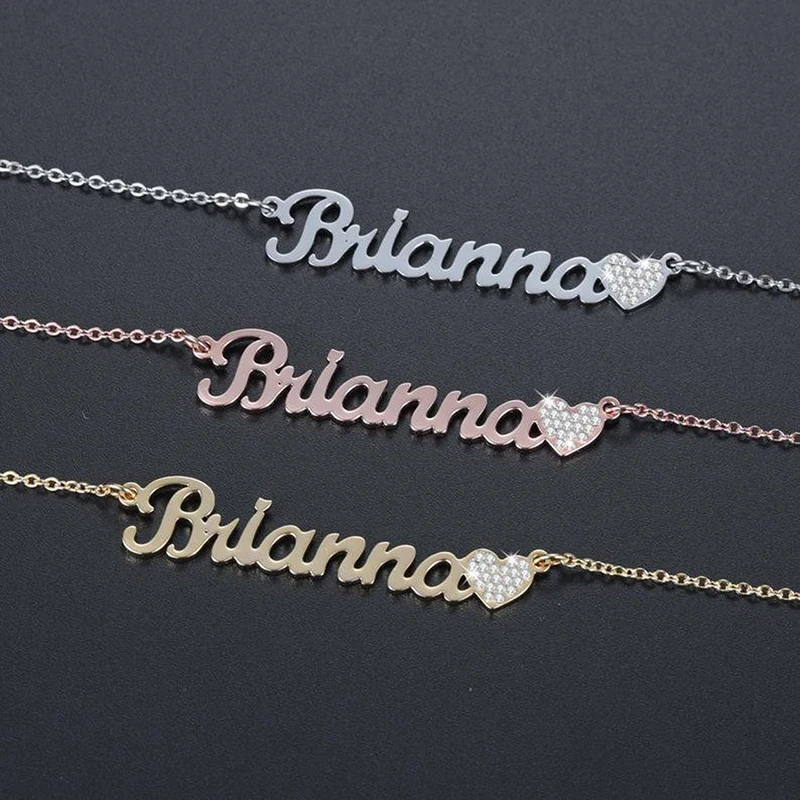 

Charm Jewelry Custom Name Crystal Necklace Personalized Love Heart Zircon Letter Pendant Shiny Stainless Steel Chain for Gift