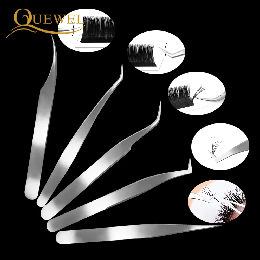 5 Pieces Set Eyelash Tweezer Bright Tweezers Lashes Extension Tweezer Stainless Steel Lash Clip Anti-static Eye Lash Tool Quewel