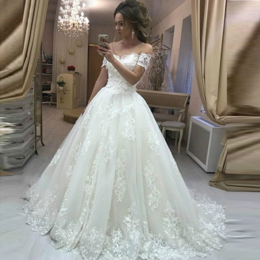 

ANGELSBRIDEP Off-Shoulder Ball Gown Wedding Dresses Vestido de noiva Vintage Applique Court Train Luxury Bridal Gown Plus Size