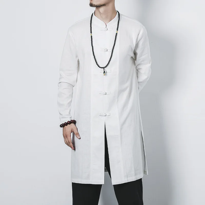 Traditional Chinese Clothing For Men Male Overcoat Outerwear Oriental Robe Trench Coat Men Cotton Linen Long Shirts Tops CN-120