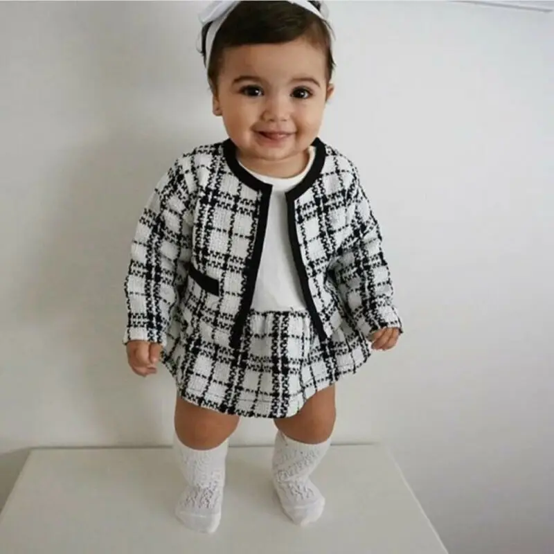 Tops e vestido xadrez para bebês, conjunto de roupas de manga comprida, roupa de aniversário, moda quente, 1 a 6 anos, 2 peças, 2019