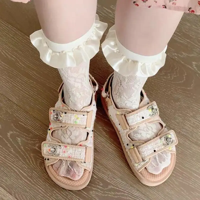 1 Pair Japanese Style Lolita Romantic Silk Socks Lovely Girls Women Pleated Sweet Princess Middle Tube Lace Ruffle Socks