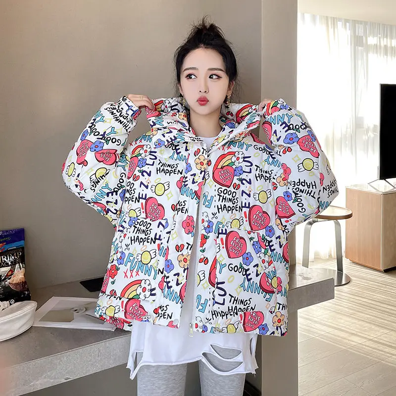 Jaqueta de inverno das mulheres pão roupas japonês graffiti harajuku menina estudante puffer jaqueta para as mulheres 2021 inverno grosso bolha