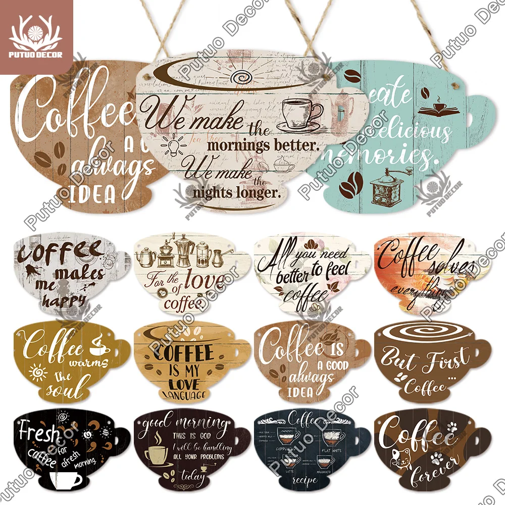 

Putuo Decor Coffee Sign Cup Shaped Plaque Rustic Plate Wooden Hanging Sign for Cafe Decoration Kitchen Coffee Mug Wall Decor