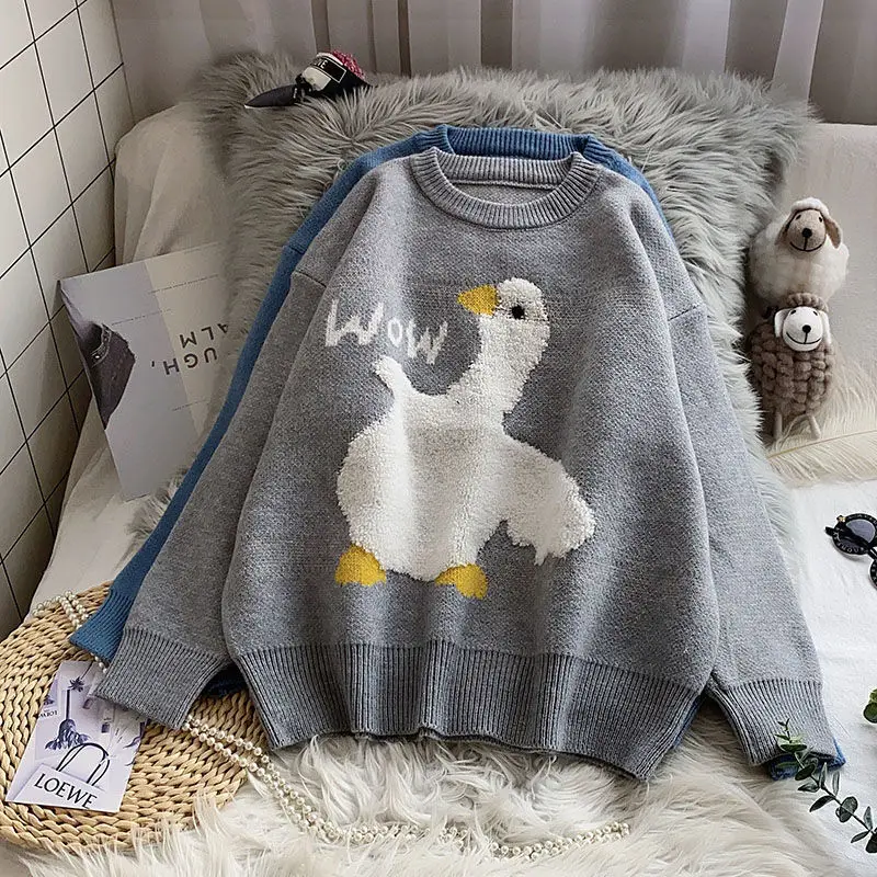 Fashion Women Jacquard Sweaters Cartoon Goose Design Winter Pullovers Men O-Neck Casual Harajuku Hiphop Tops Couple Clothes