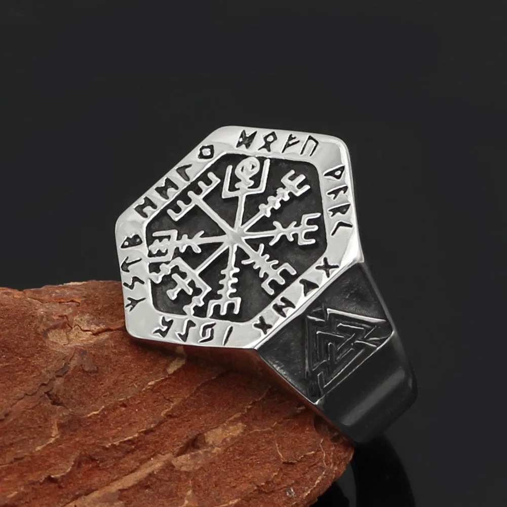 Titanium Steel Pirate Compass Archaic Declaration Ring Men's Retro Scripture Totem Men's Ring Jewelry Hip Hop Party Ring