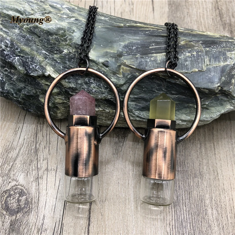 5PCS Natural Strawberry Lemon Crystal Quartz Prism Perfume Essential Oil Diffuser Roll On Bottle Vintage Pendant Necklace